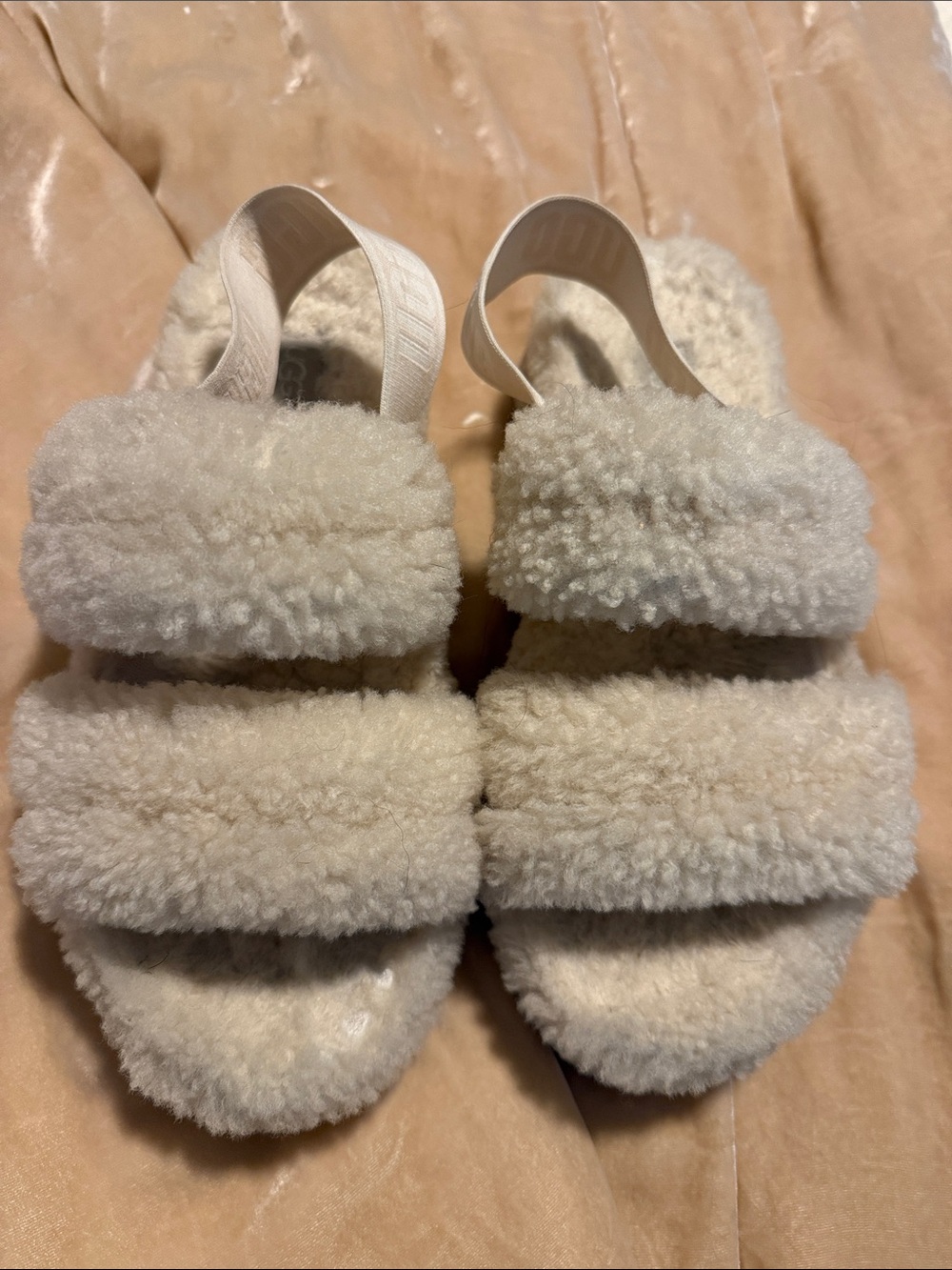 UGG Cream Shearling Slide Sandals with Elastic Heel